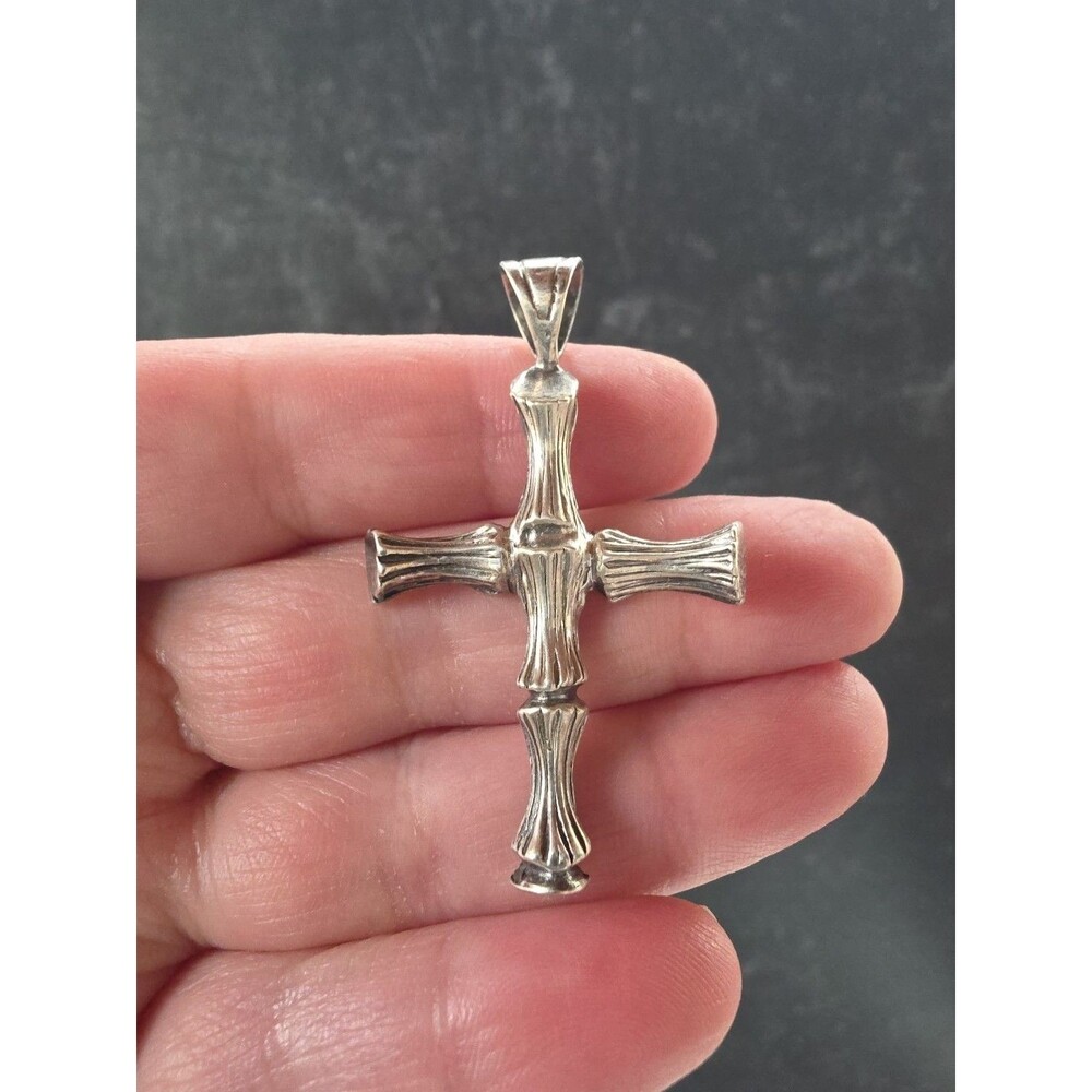 925 Sterling Silver Bamboo Textured Cross Pendant Vintage